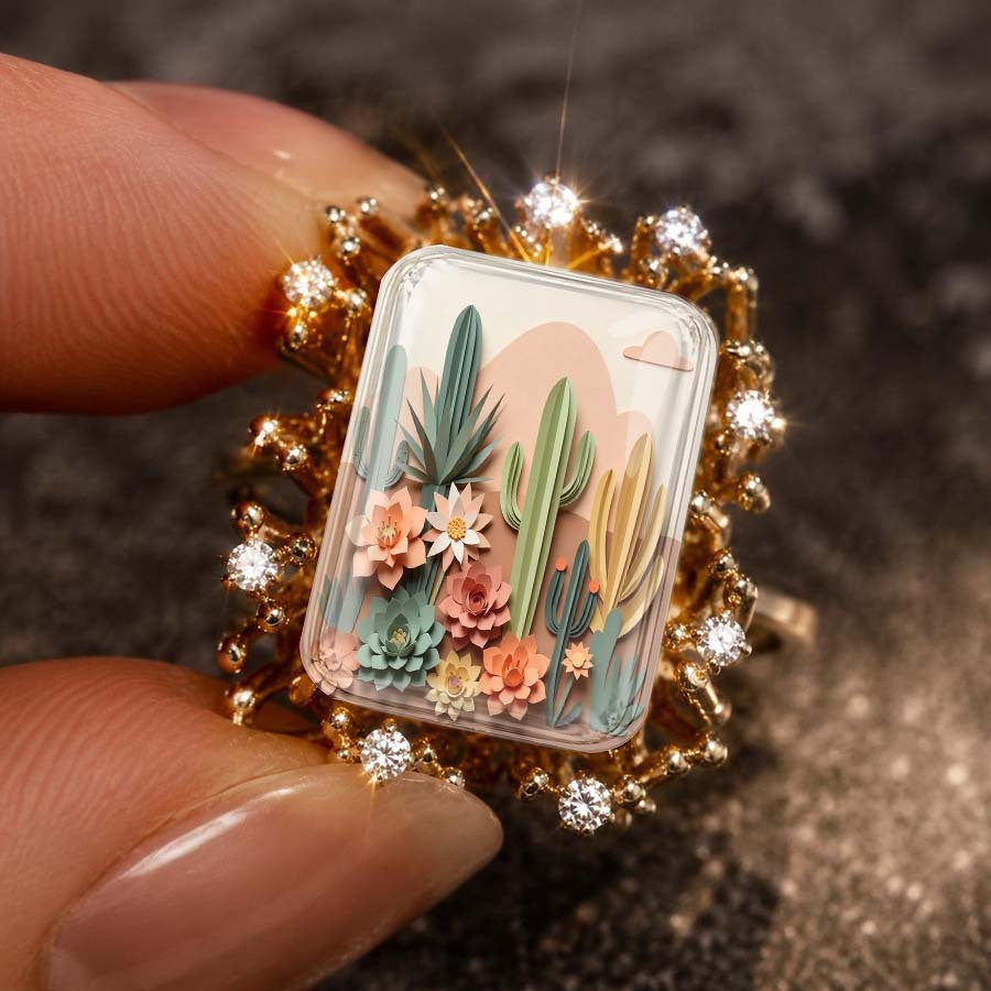 Desert Cactus & Floral Square Ring