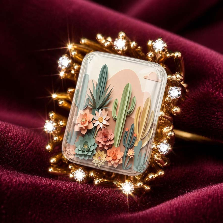 Desert Cactus & Floral Square Ring