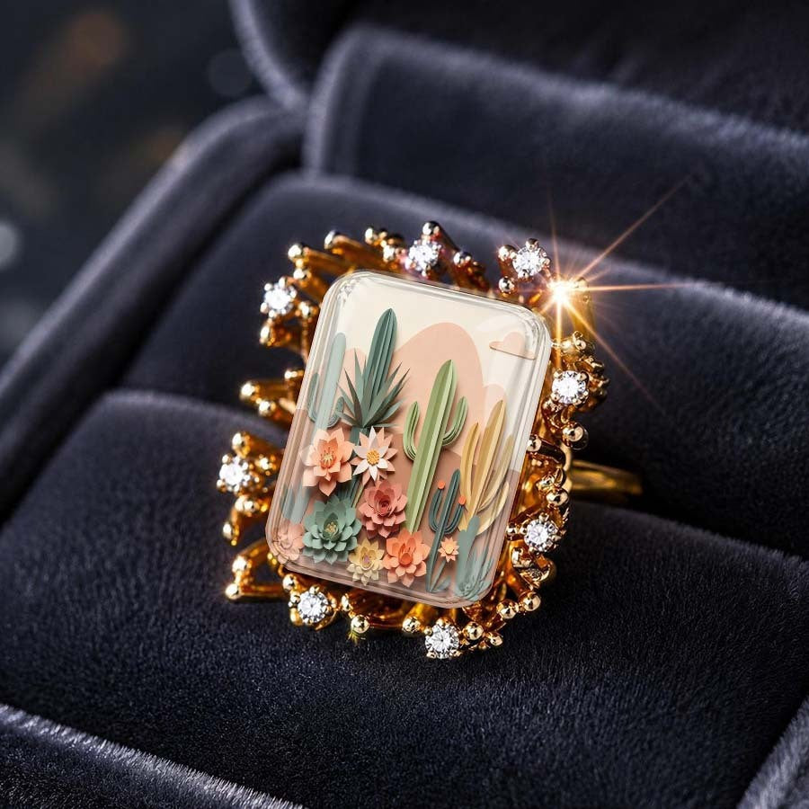 Desert Cactus & Floral Square Ring