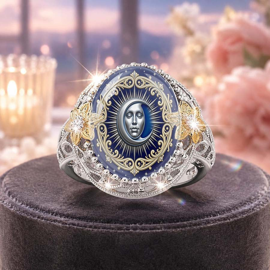 Navy Moon Face Statement Ring