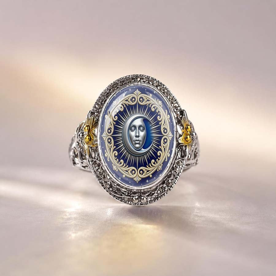 Navy Moon Face Statement Ring