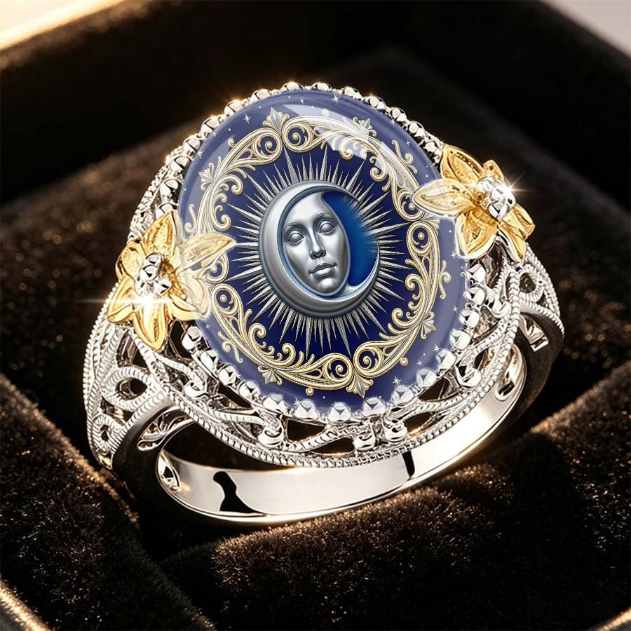 Navy Moon Face Statement Ring