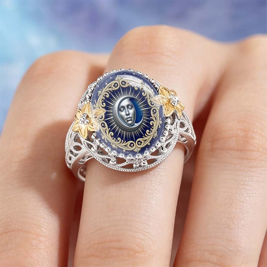Navy Moon Face Statement Ring