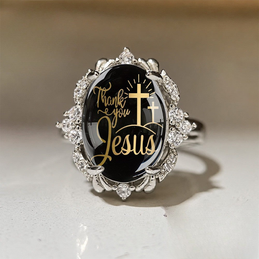 Black Oval Thank You Jesus Ring