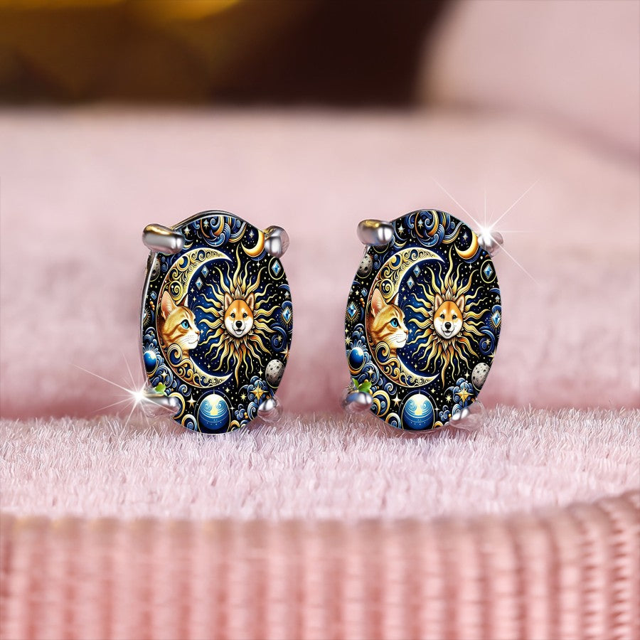 Celestial Sun Moon Cat Dog Earrings