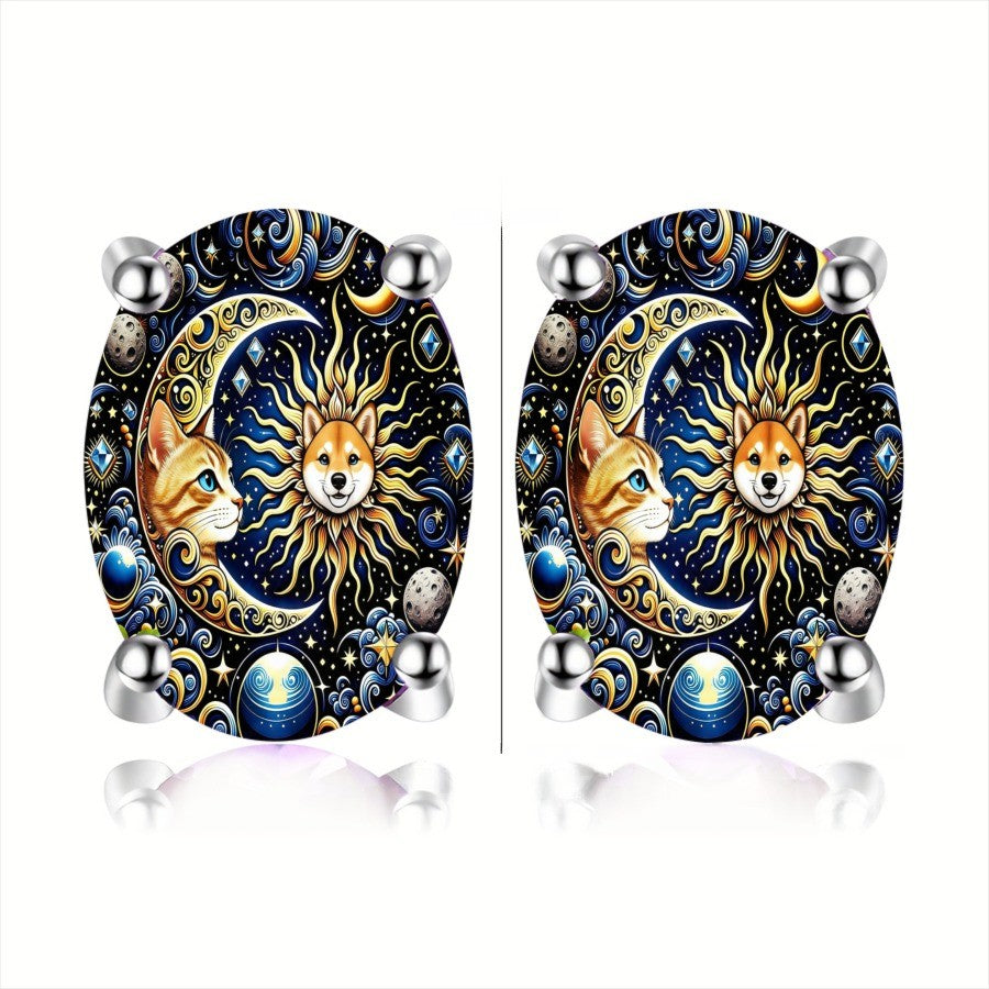 Celestial Sun Moon Cat Dog Earrings