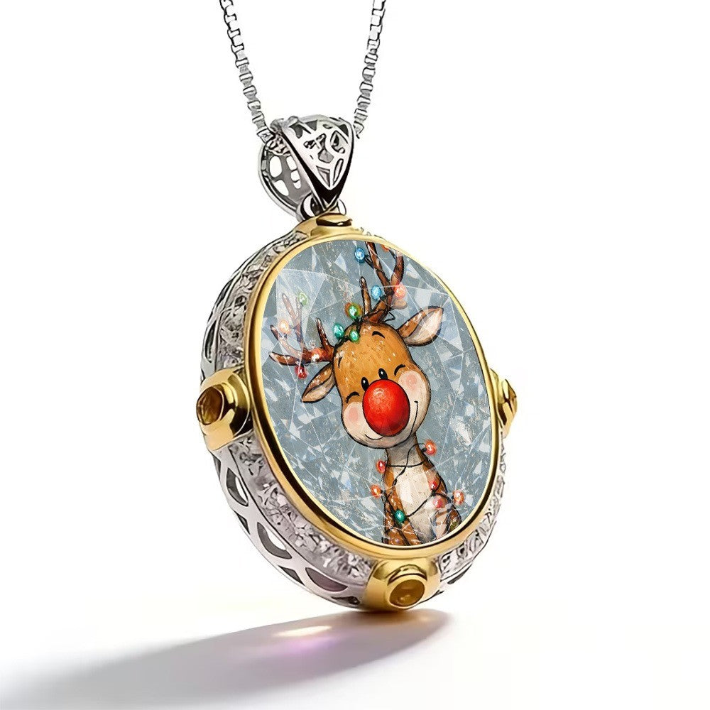Reindeer Oval Pendant Necklace