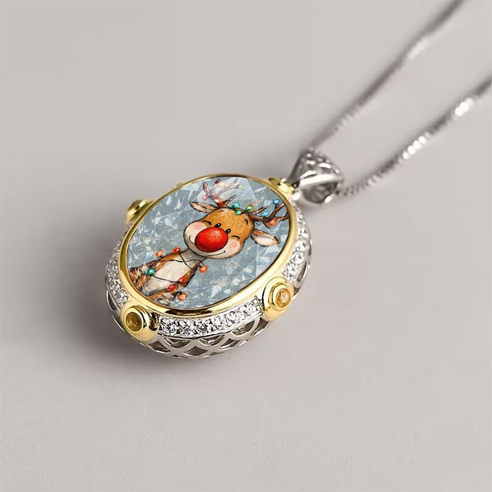 Reindeer Oval Pendant Necklace