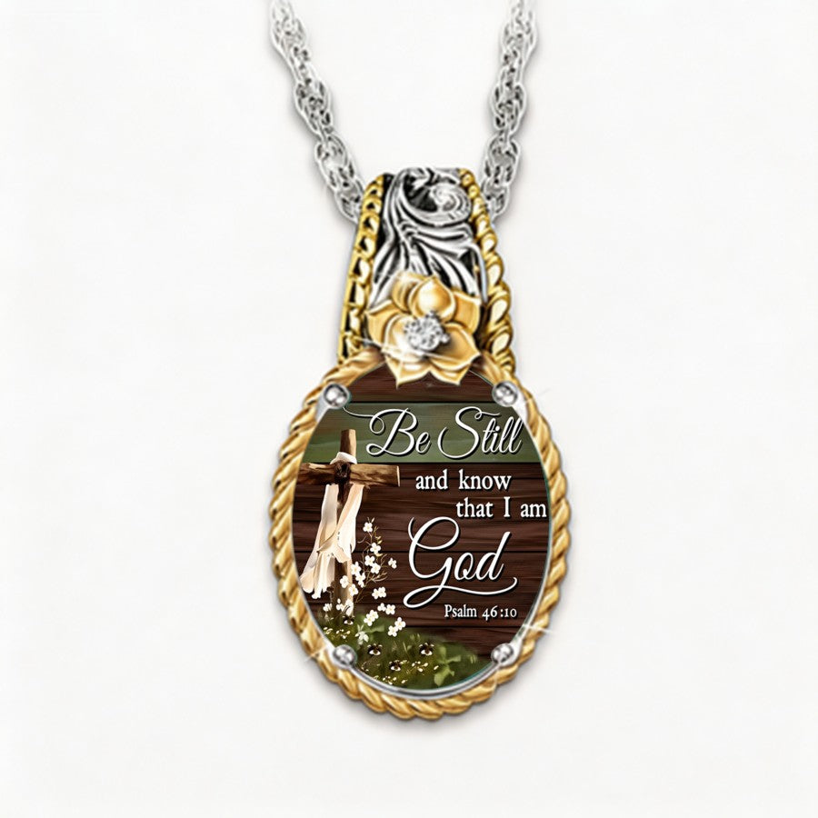 Be Still Scripture & Cross Oval Pendant Necklace