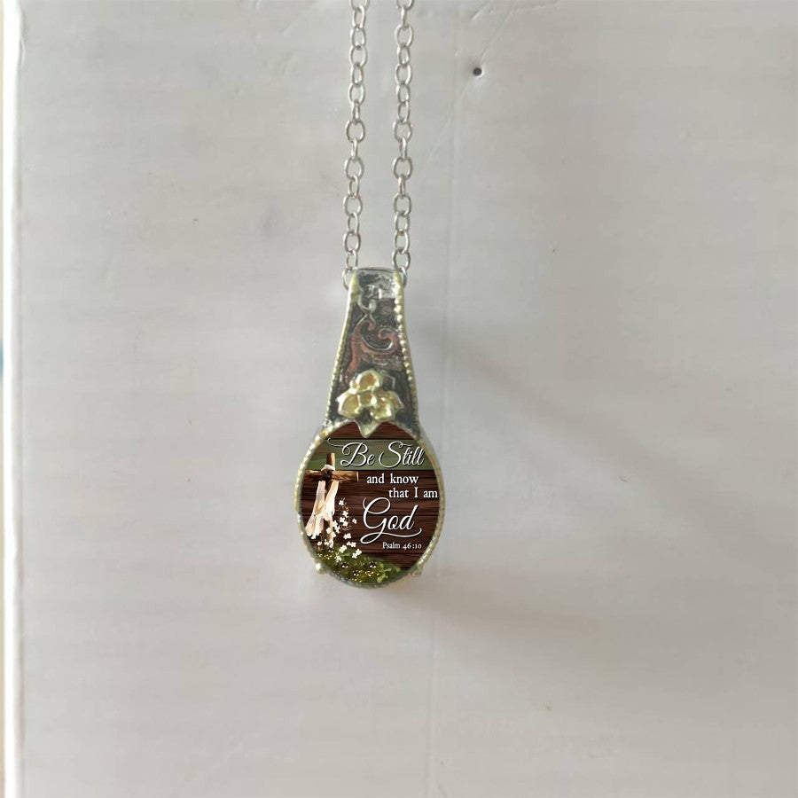 Be Still Scripture & Cross Oval Pendant Necklace