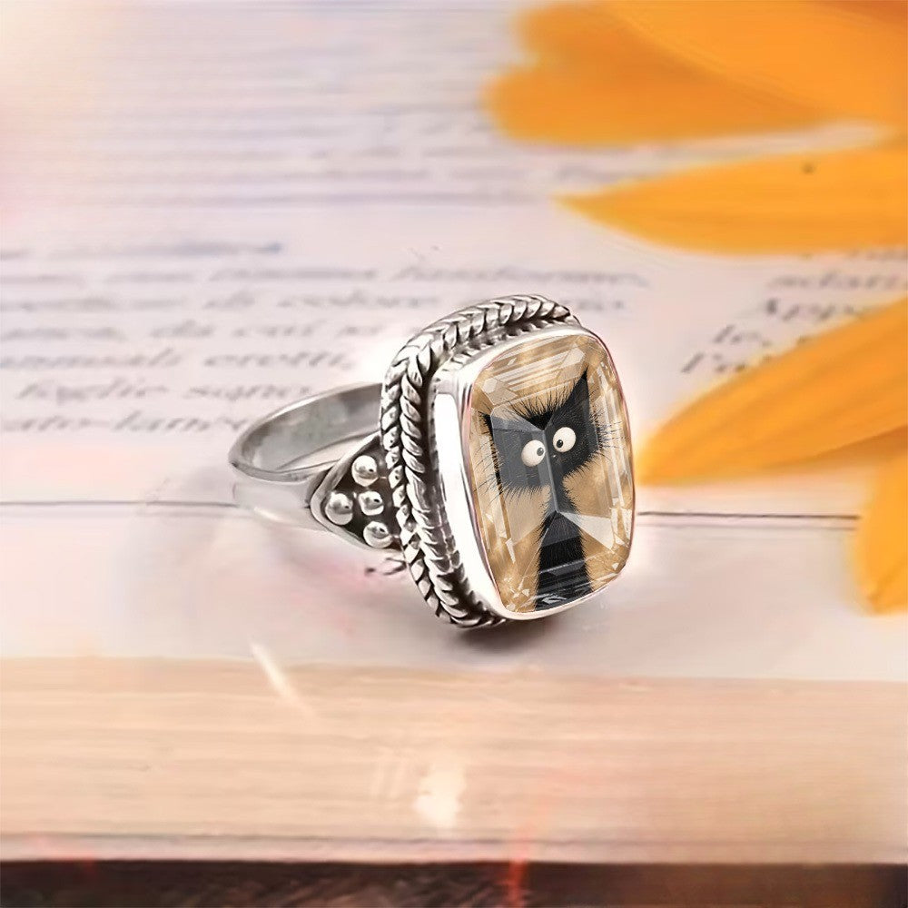 Woven Black Cat Square Ring