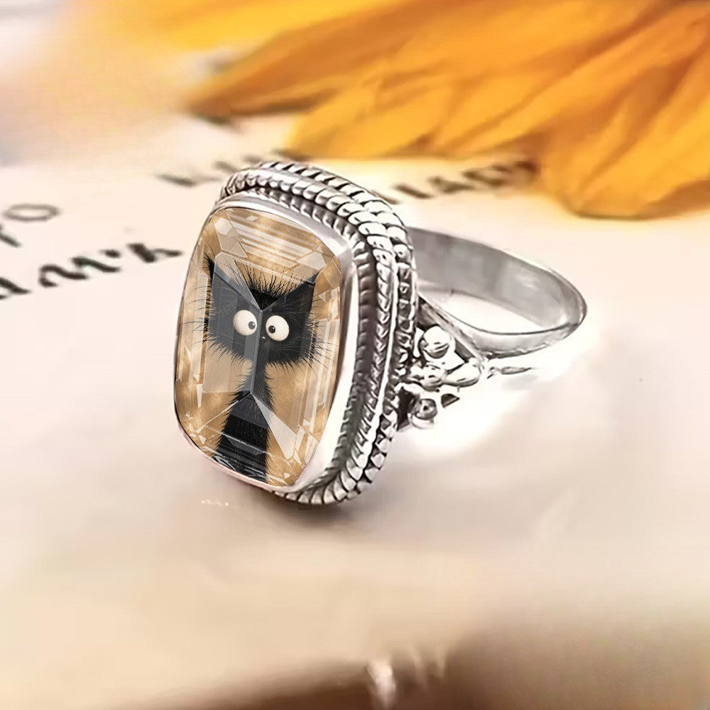 Woven Black Cat Square Ring