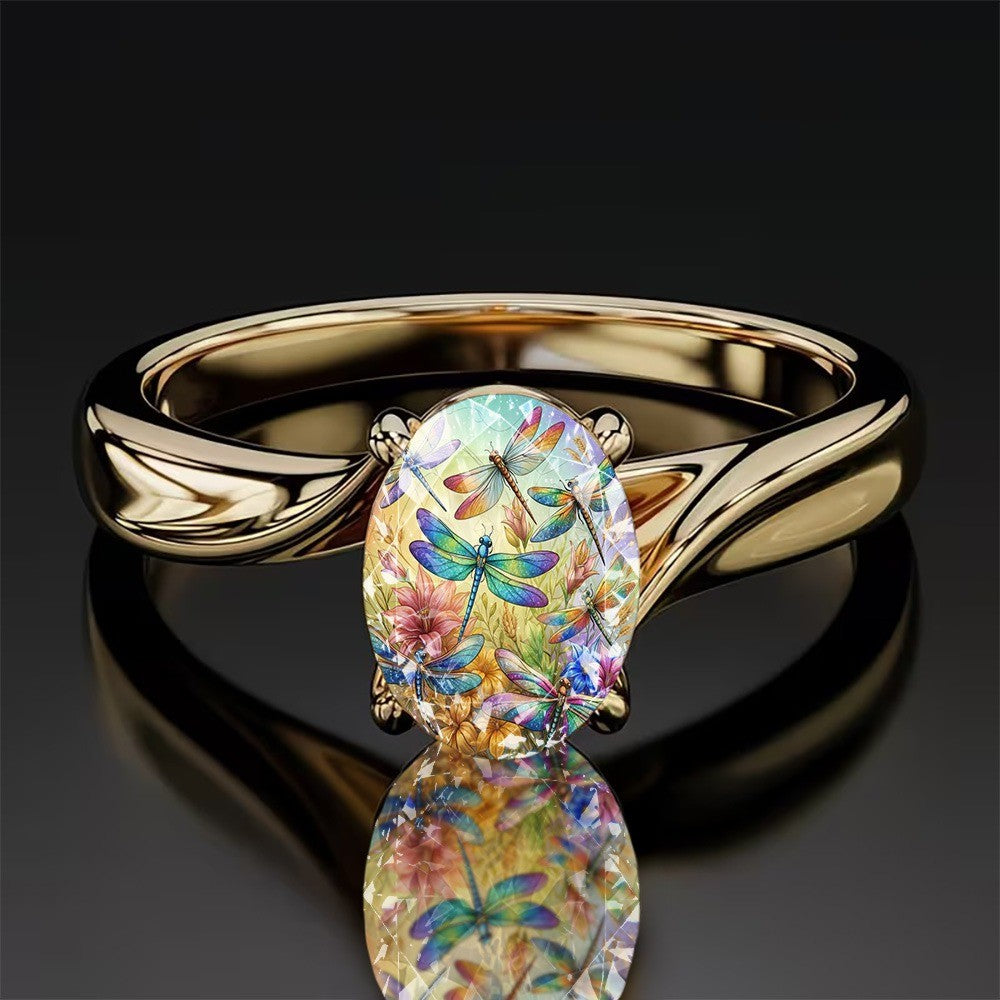 Rainbow Dragonfly Oval Ring
