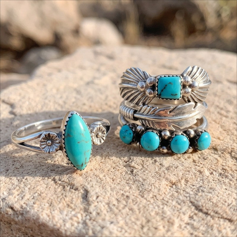 Turquoise Marquise & Feather Ring Set