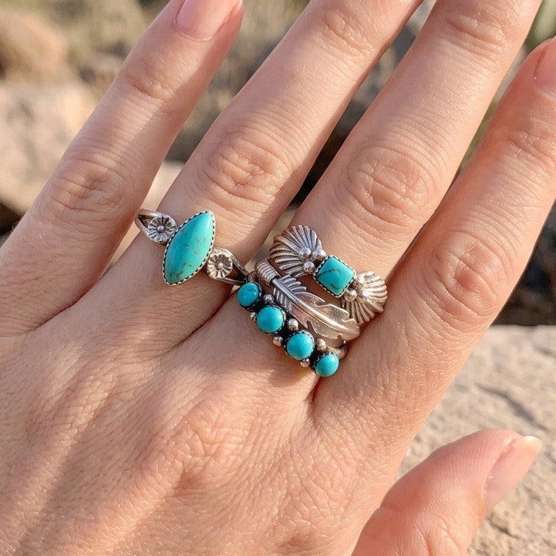 Turquoise Marquise & Feather Ring Set