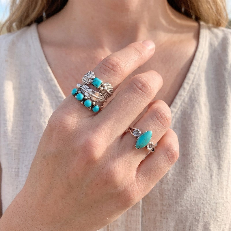 Turquoise Marquise & Feather Ring Set