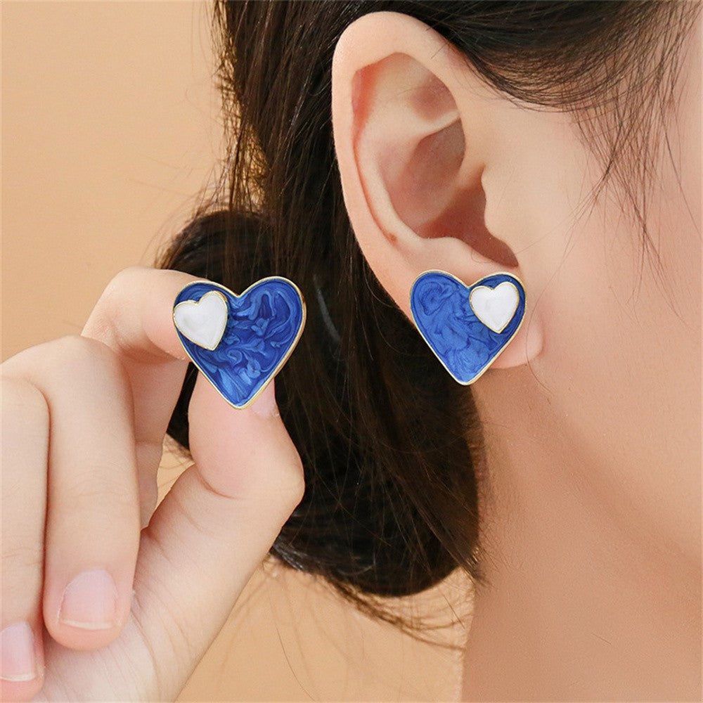 Blue Marble Heart Stud Earrings