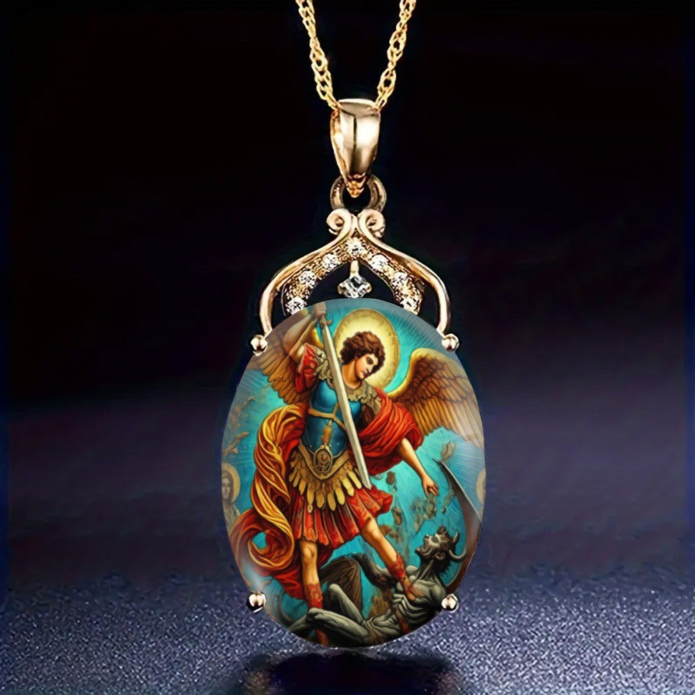 Archangel Battle Glass Oval Pendant Necklace
