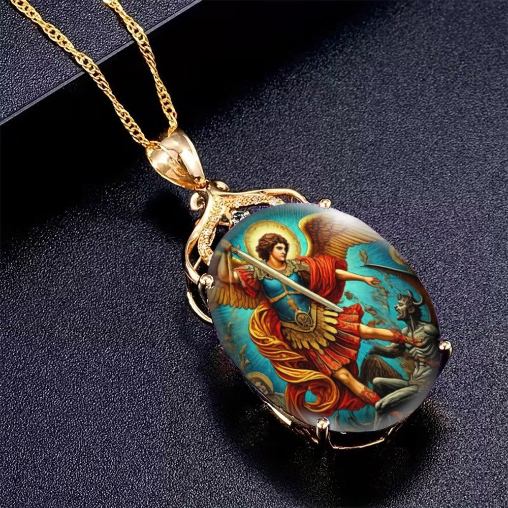 Archangel Battle Glass Oval Pendant Necklace
