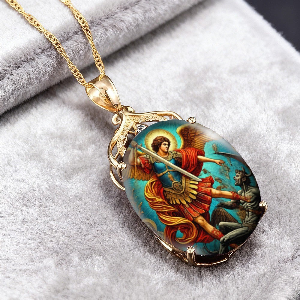 Archangel Battle Glass Oval Pendant Necklace