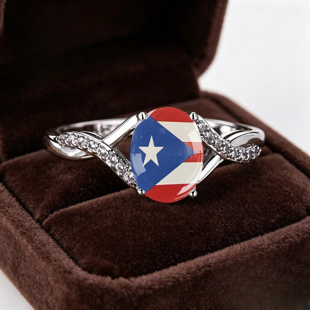 Puerto Rico Flag Crystal Split Band Ring