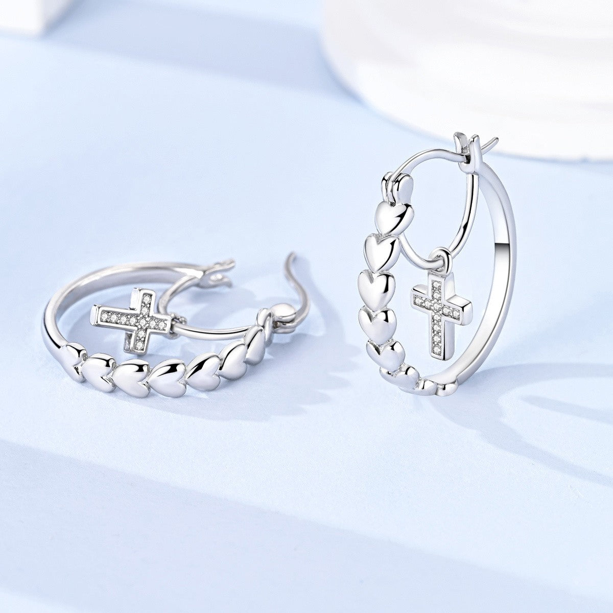 Pave Cross Heart Hoop Earrings