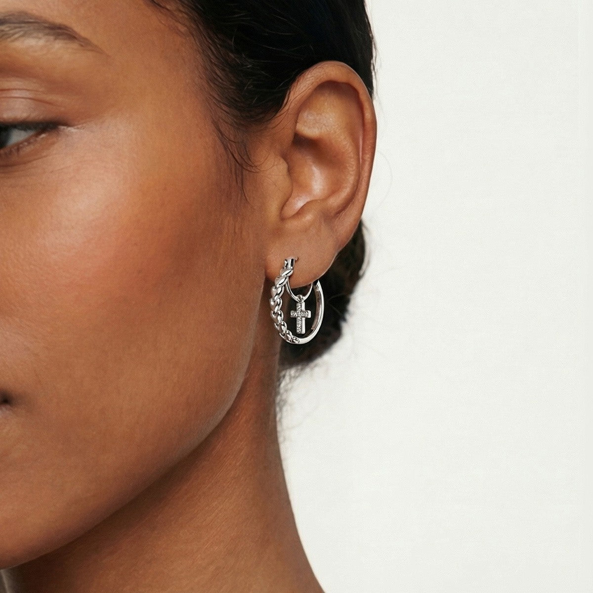 Pave Cross Heart Hoop Earrings