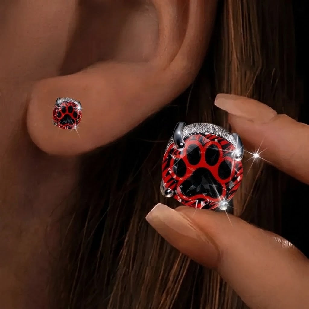 Red Crystal Paw Stud Earrings