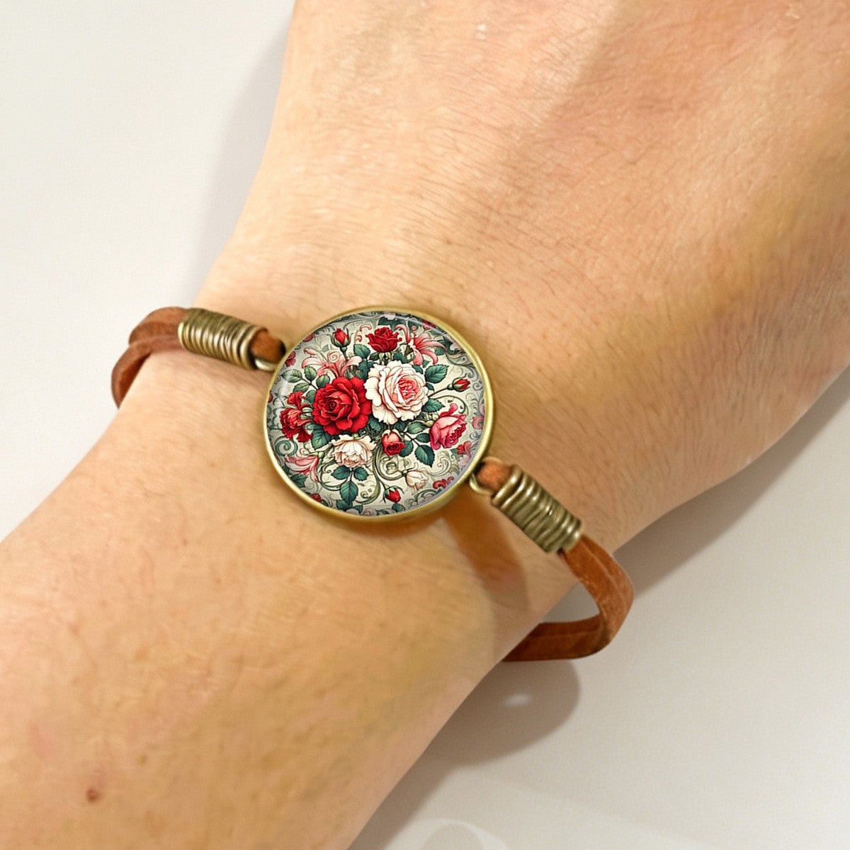 Red Rose Garden Glass Cabochon Bracelet