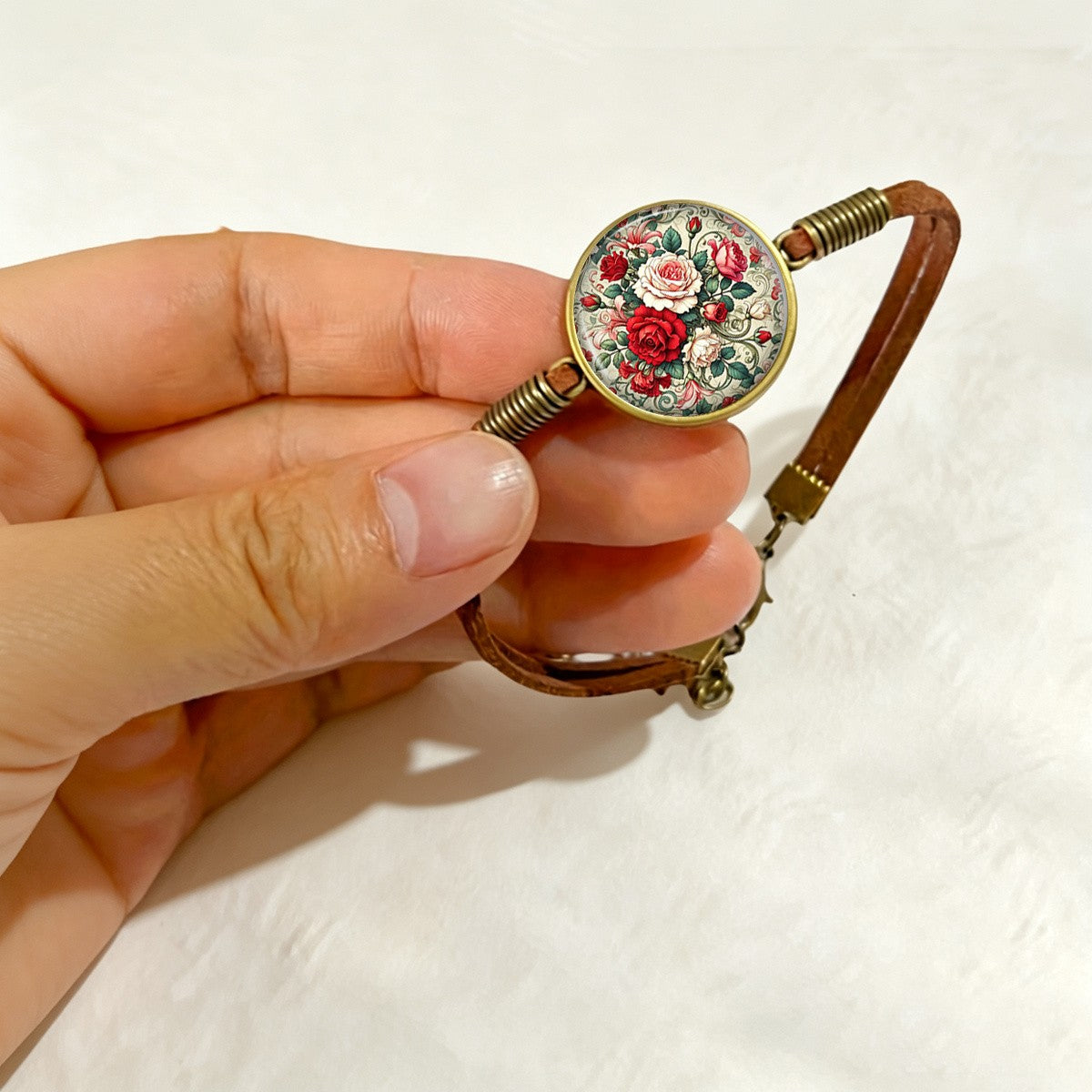 Red Rose Garden Glass Cabochon Bracelet