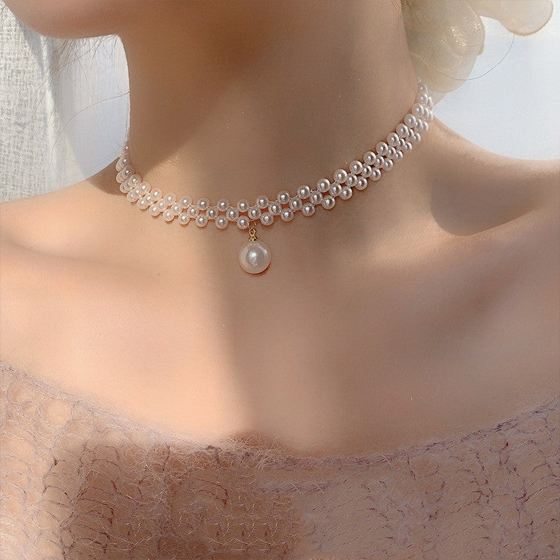 Woven Pearl Drop Choker Necklace