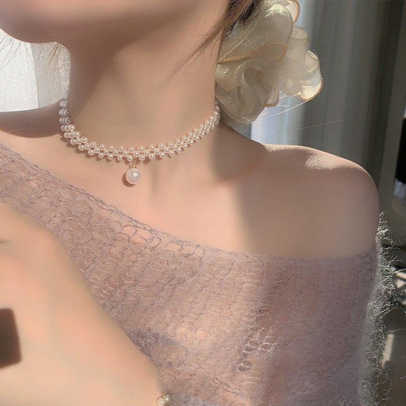Woven Pearl Drop Choker Necklace