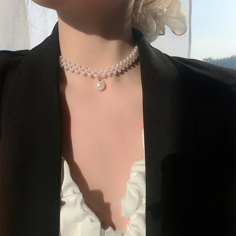 Woven Pearl Drop Choker Necklace