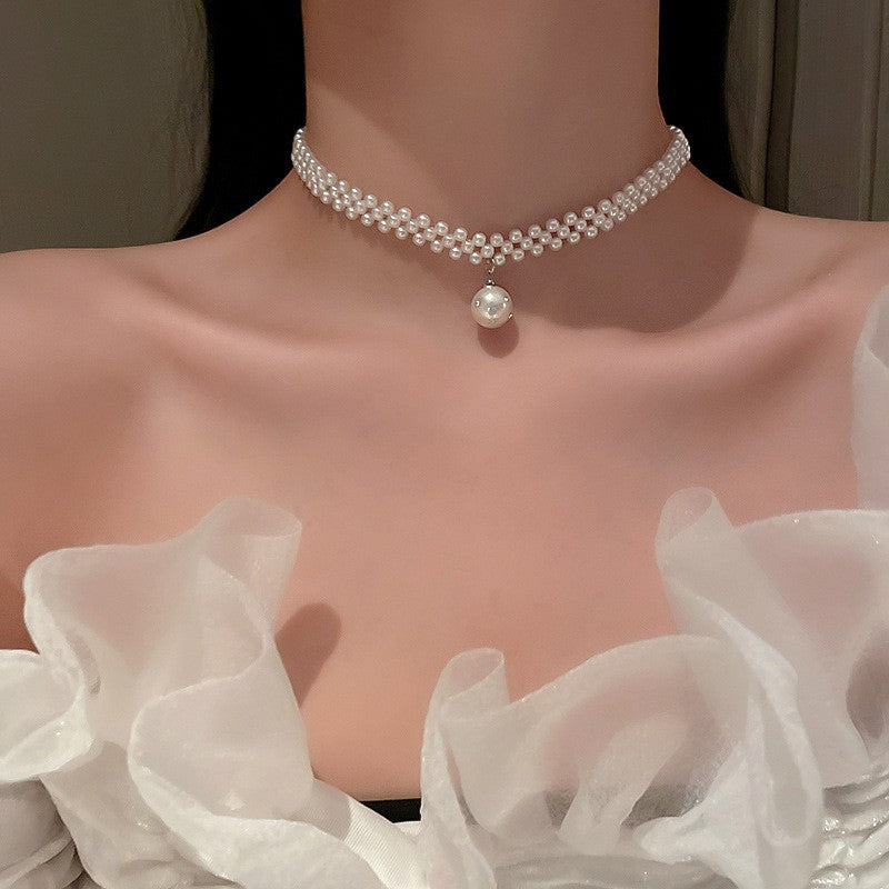 Woven Pearl Drop Choker Necklace