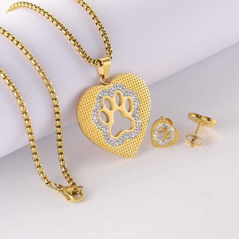 Textured Paw Heart Necklace Set