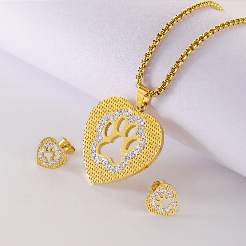 Textured Paw Heart Necklace Set
