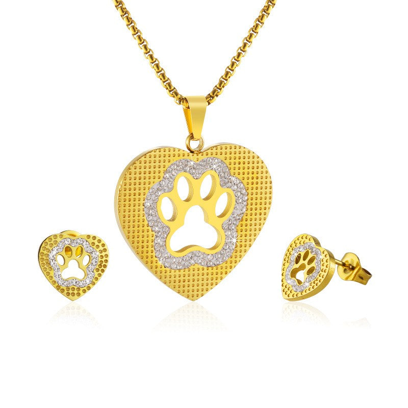Textured Paw Heart Necklace Set