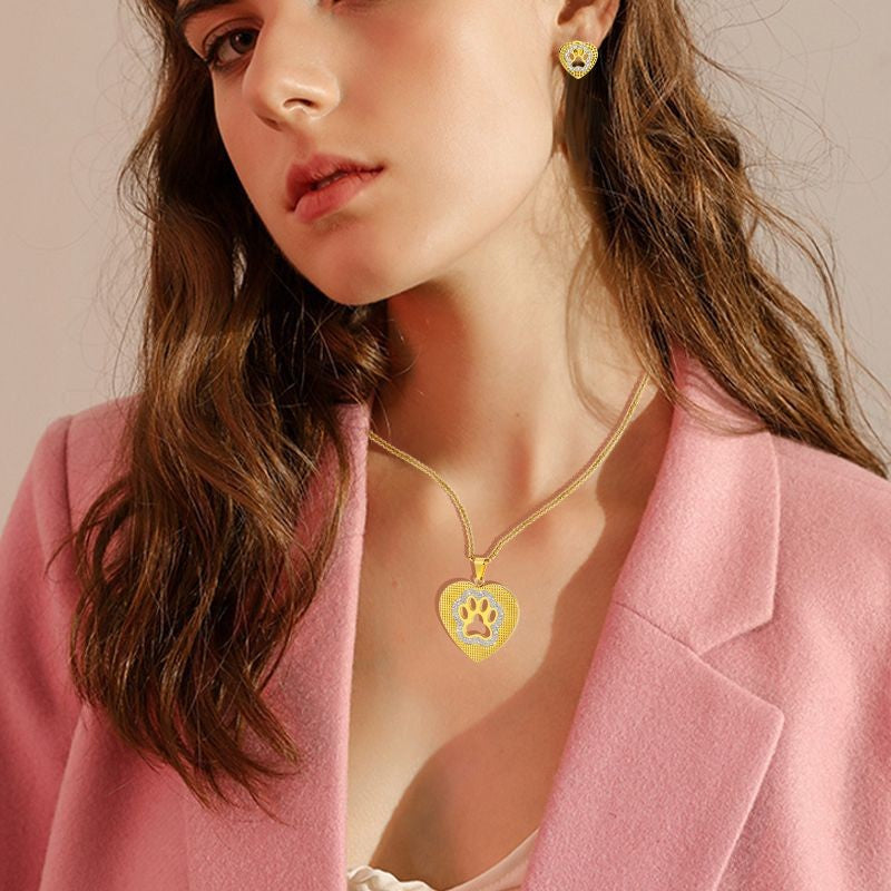 Textured Paw Heart Necklace Set