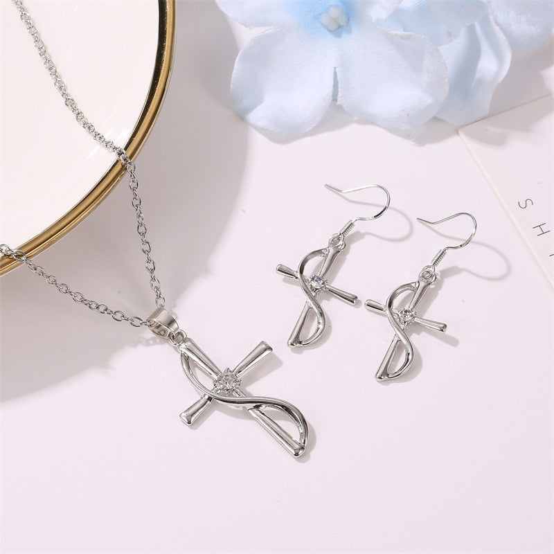 Rhinestone Infinity Cross Necklace & Earrings Set
