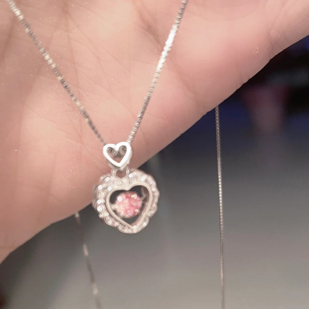 Pink Crystal Floating Heart Necklace