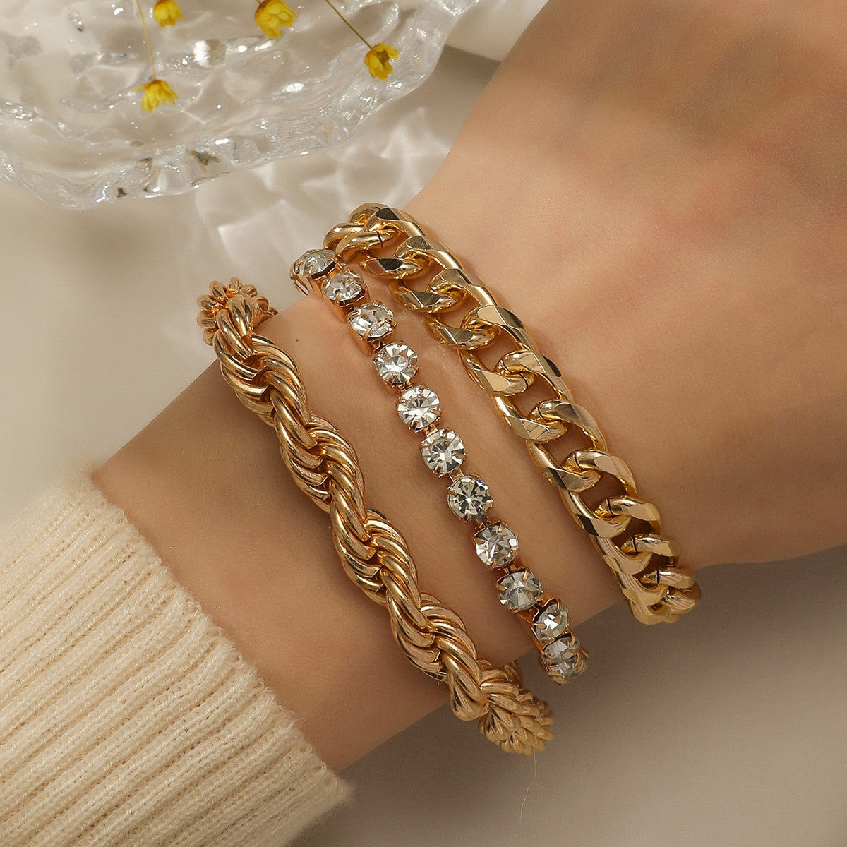 Mixed Chain & Crystal Bracelet Set
