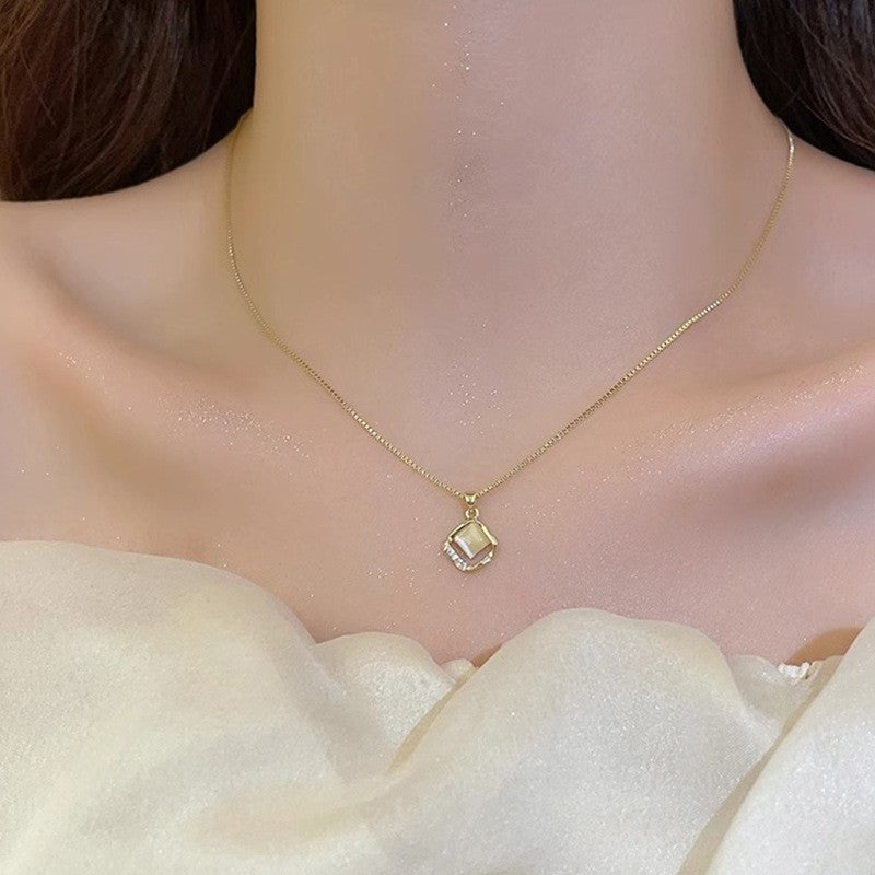 Square Shell & Crystal Pendant Necklace