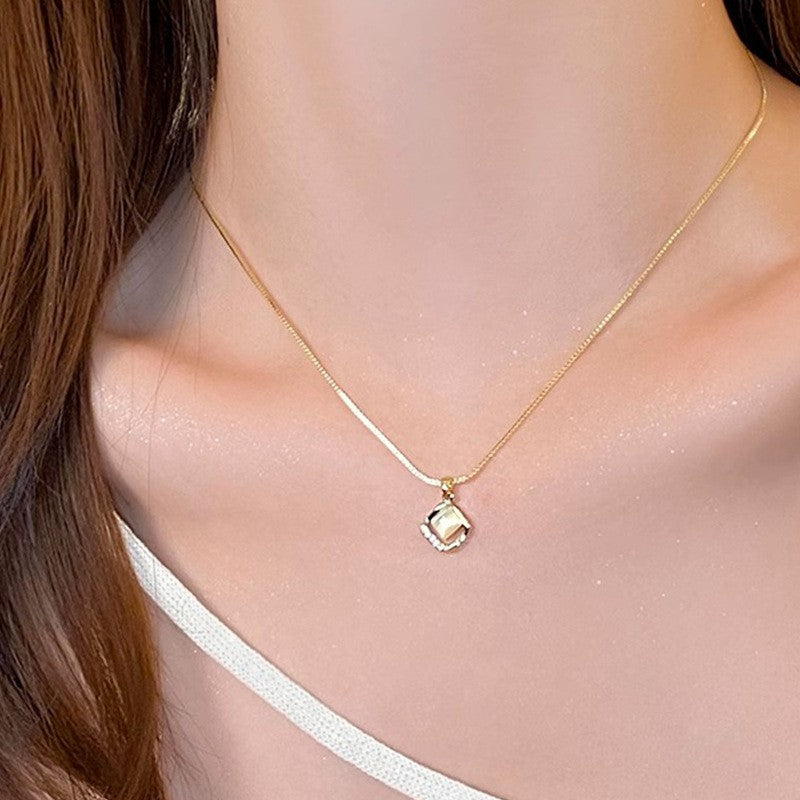 Square Shell & Crystal Pendant Necklace