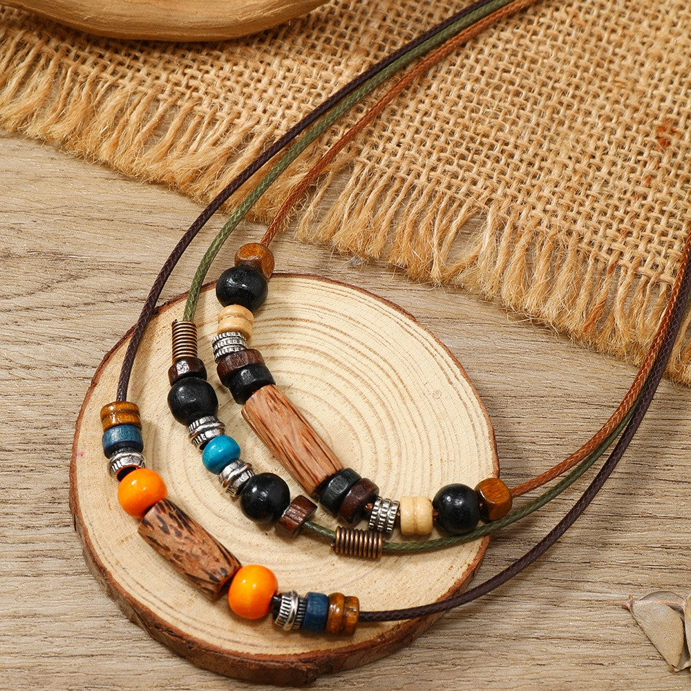 Wood Cylinder & Orange Bead Layered Necklace