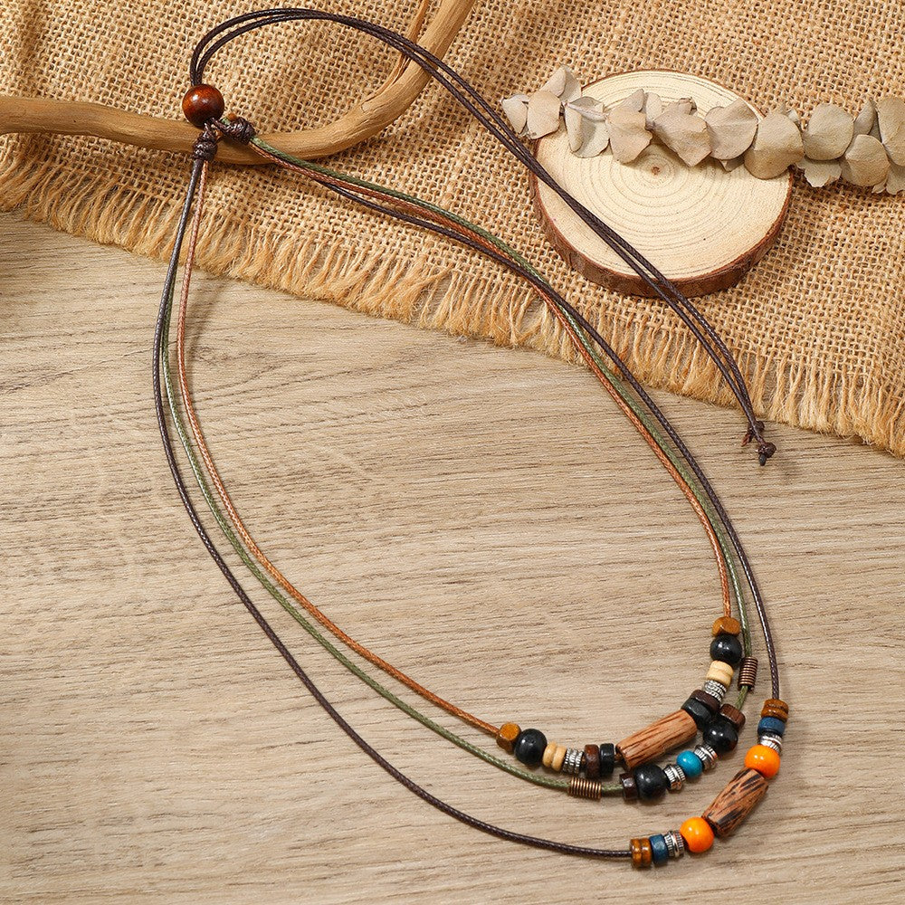 Wood Cylinder & Orange Bead Layered Necklace