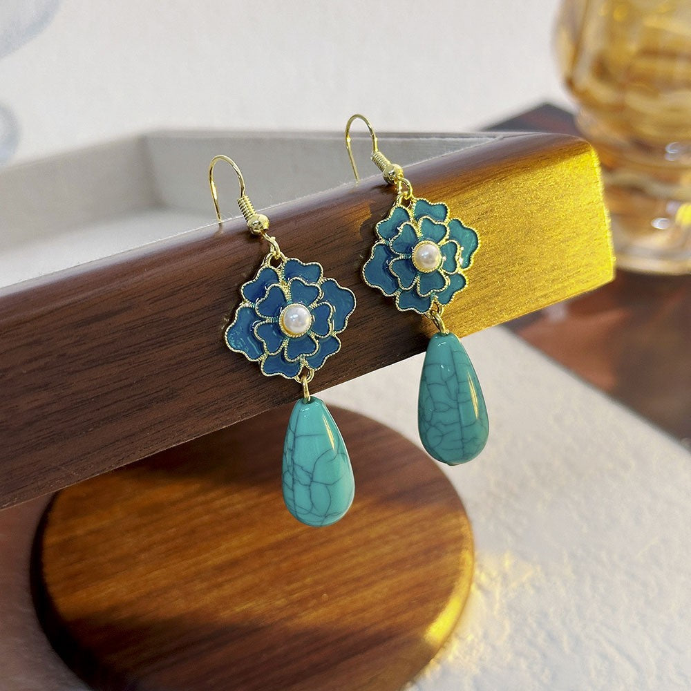 Blue Floral Turquoise Drop Earrings
