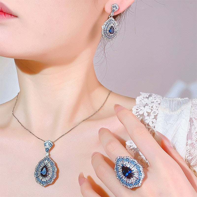 Blue Crystal Halo Jewelry Set