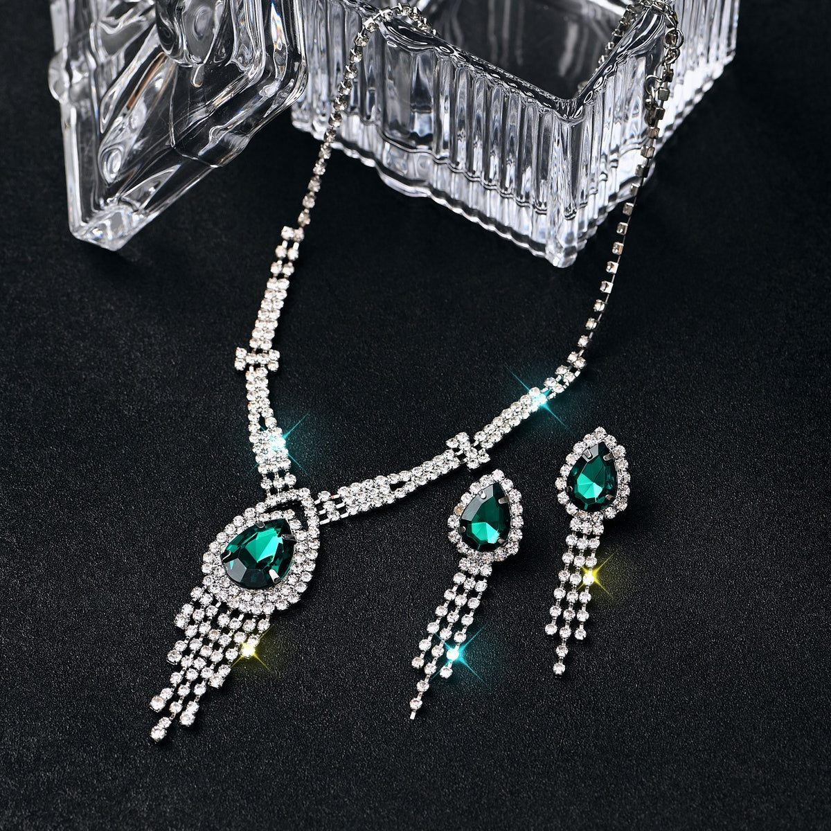 Green Crystal Tassel Necklace & Earring Set