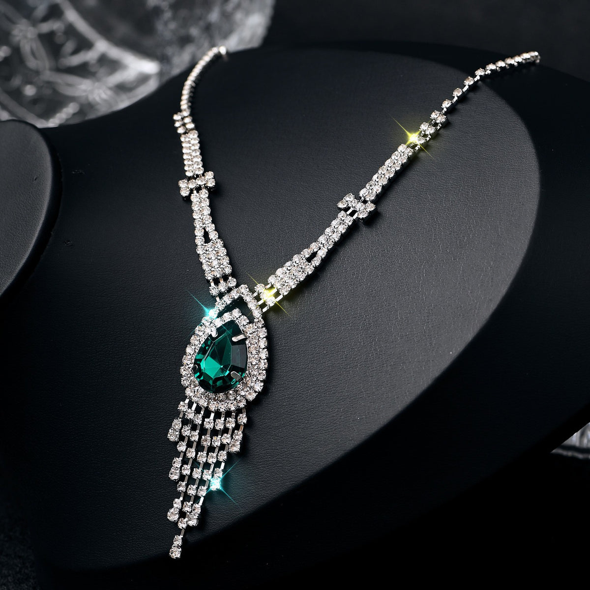 Green Crystal Tassel Necklace & Earring Set