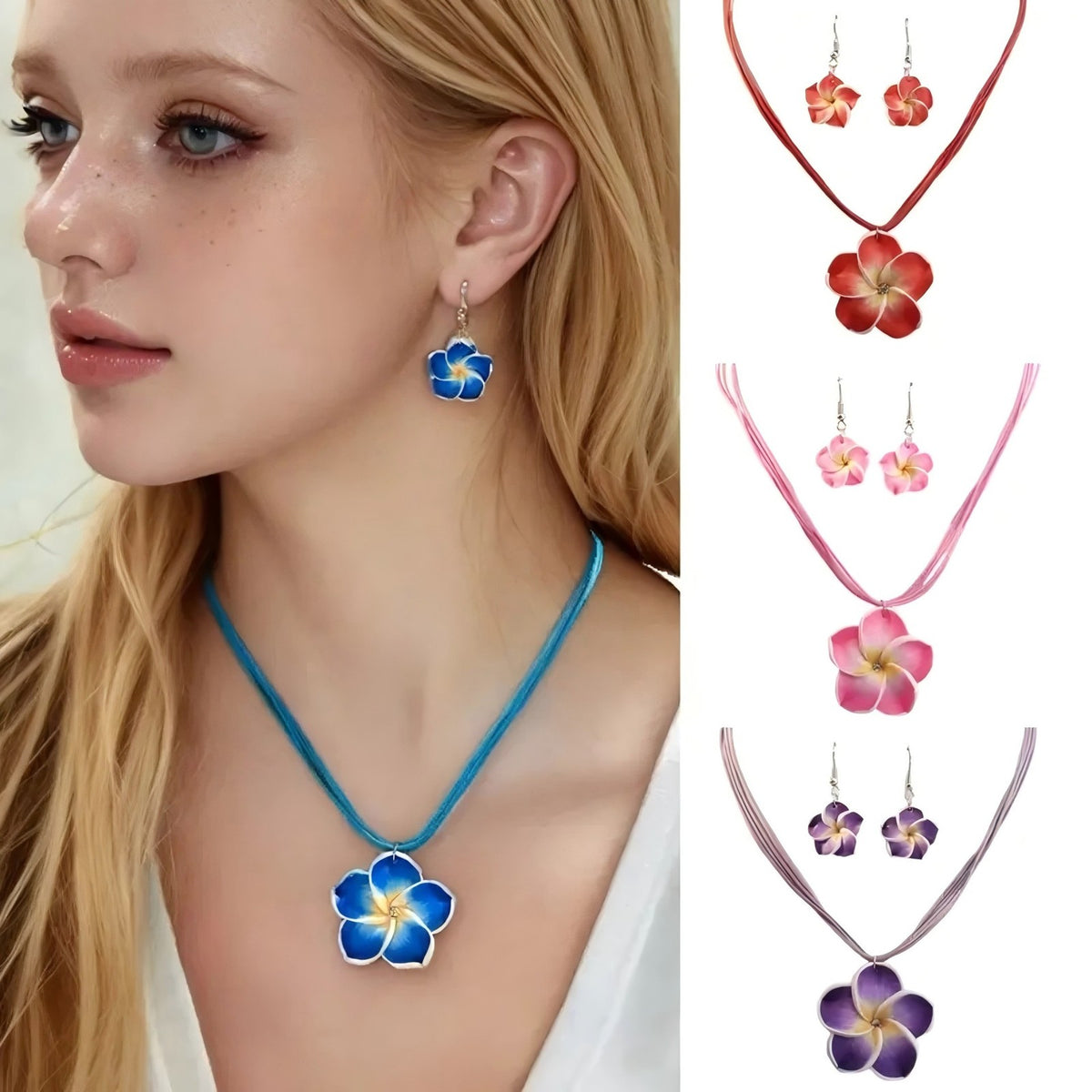 Floral Wax Cord Necklace & Earring Set